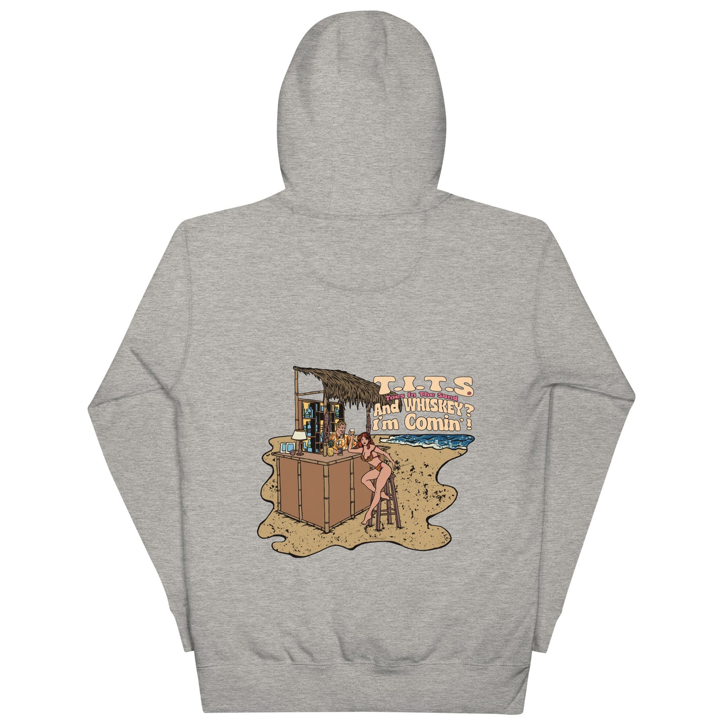 Beach hoodie, sundown style. T.I.T.S. and whiskey? I'm comin'! Heavy weight whiskey hoodie flair for when your beach day turns to night. There's no such thing as an offensive hoodie at your favorite beach bar! You should know that these hoodies can be a bit form fitting. Fellas, if you'll be drinking all day at the beach, you may want to size up. Ladies, you should be all set.
