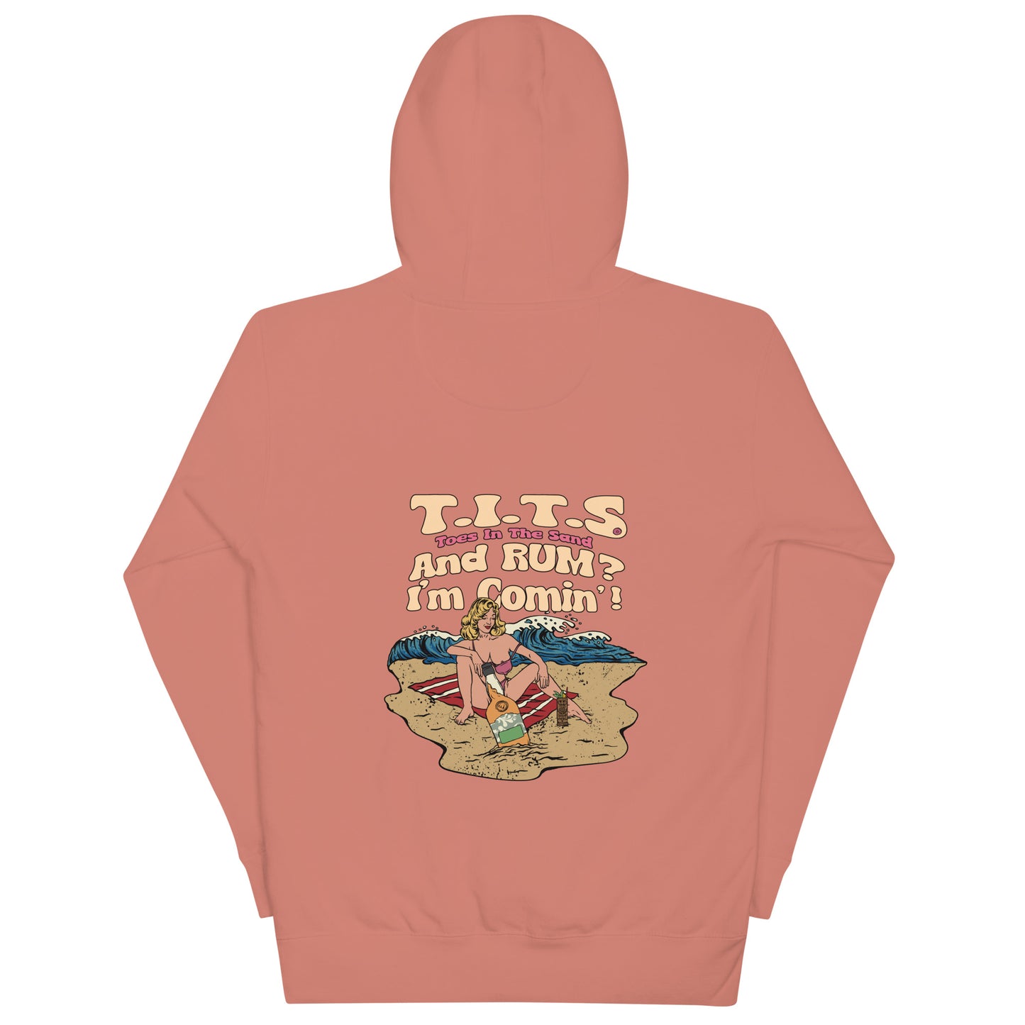 Beach hoodie, sundown style. T.I.T.S. and rum? I'm comin'! Heavy weight rum hoodie flair for when your beach day turns to night. There's no such thing as an offensive hoodie at your favorite beach bar! You should know that these hoodies can be a bit form fitting. Fellas, if you'll be drinking all day at the beach, you may want to size up. Ladies, you should be all set.