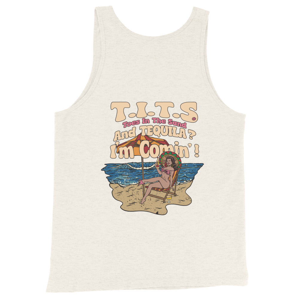 Beach tank top to stay cool on those hot beach days with a cocktail in the hand and TOES IN THE SAND. Beach tequila shots and funny tank tops. Yeah baby!  • 100% combed and ringspun cotton • Tri-blends are 50% polyester/25% combed/25% ringspun cotton/rayon • Fabric weight: 4.2 oz/yd² (142.40 g/m²), triblends: 3.8 oz/yd² (90.07 g/m²) • 30 singles thread weight • Side-seam