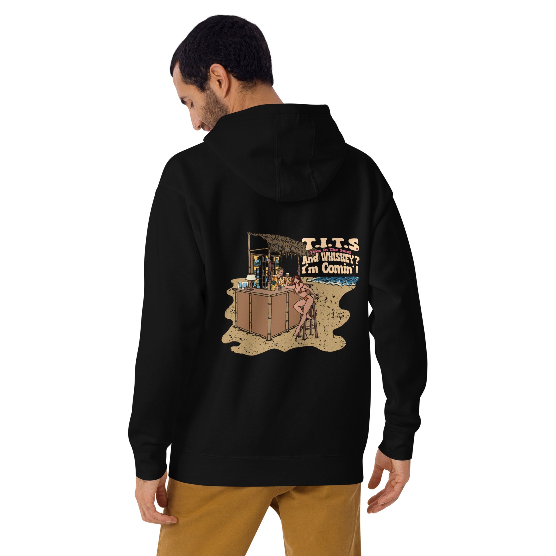 Beach hoodie, sundown style. T.I.T.S. and whiskey? I'm comin'! Heavy weight whiskey hoodie flair for when your beach day turns to night.  There's no such thing as an offensive hoodie at your favorite beach bar!  You should know that these hoodies can be a bit form fitting.  Fellas, if you'll be drinking all day at the beach, you may want to size up.  Ladies, you should be all set.