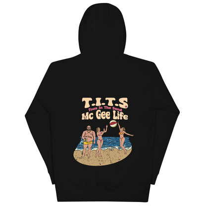 Beach Hoodie, sundown style. T.I.T.S. McGee life. Heavy weight drinking hoodie flair for when your beach day turns to night.  There's no such thing as an offensive hoodie at your favorite beach bar! You should know that these hoodies can be a bit form fitting.  Fellas, if you'll be drinking all day at the beach, you may want to size up.  Ladies, you should be all set.