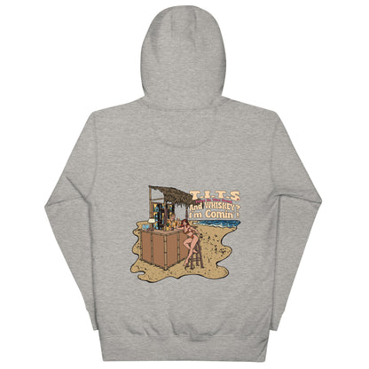 Beach hoodie, sundown style. T.I.T.S. and whiskey? I'm comin'! Heavy weight whiskey hoodie flair for when your beach day turns to night.  There's no such thing as an offensive hoodie at your favorite beach bar!  You should know that these hoodies can be a bit form fitting.  Fellas, if you'll be drinking all day at the beach, you may want to size up.  Ladies, you should be all set.