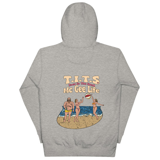 Beach Hoodie, sundown style. T.I.T.S. McGee life. Heavy weight drinking hoodie flair for when your beach day turns to night.  There's no such thing as an offensive hoodie at your favorite beach bar! You should know that these hoodies can be a bit form fitting.  Fellas, if you'll be drinking all day at the beach, you may want to size up.  Ladies, you should be all set.