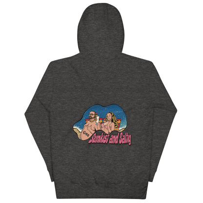 Beach Hoodie, sundown style. Sun kissed and salty. Heavy weight drinking hoodie flair for when your beach day turns to night.  There's no such thing as an offensive hoodie at your favorite beach bar! You should know that these hoodies can be a bit form fitting.  Fellas, if you'll be drinking all day at the beach, you may want to size up.  Ladies, you should be all set.