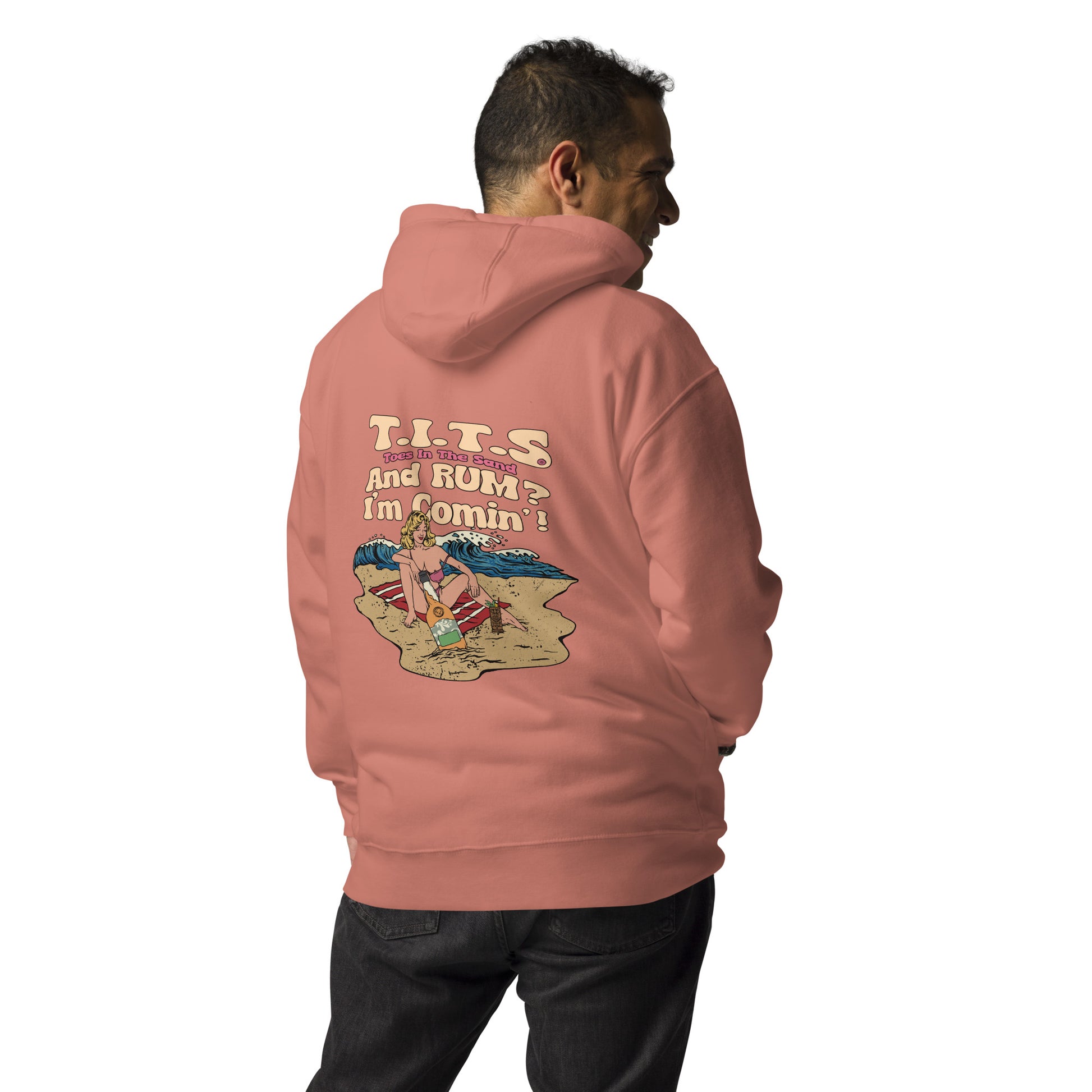 Beach hoodie, sundown style. T.I.T.S. and rum? I'm comin'! Heavy weight rum hoodie flair for when your beach day turns to night.  There's no such thing as an offensive hoodie at your favorite beach bar!  You should know that these hoodies can be a bit form fitting.  Fellas, if you'll be drinking all day at the beach, you may want to size up.  Ladies, you should be all set.