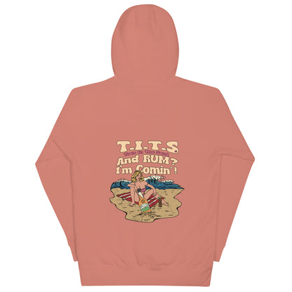 Beach hoodie, sundown style. T.I.T.S. and rum? I'm comin'! Heavy weight rum hoodie flair for when your beach day turns to night.  There's no such thing as an offensive hoodie at your favorite beach bar!  You should know that these hoodies can be a bit form fitting.  Fellas, if you'll be drinking all day at the beach, you may want to size up.  Ladies, you should be all set.