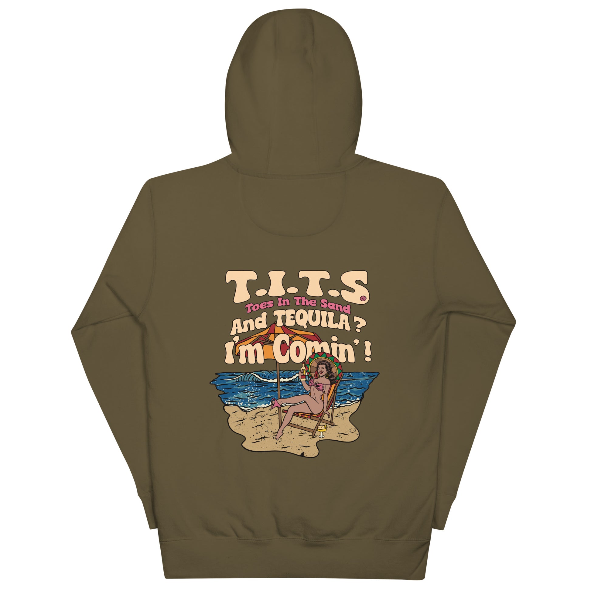 Beach hoodie, sundown style. T.I.T.S. and tequila? I'm comin'! Heavy weight tequila hoodie flair for when your beach day turns to night.  There's no such thing as an offensive hoodie at your favorite beach bar!  You should know that these hoodies can be a bit form fitting.  Fellas, if you'll be drinking all day at the beach, you may want to size up.  Ladies, you should be all set.