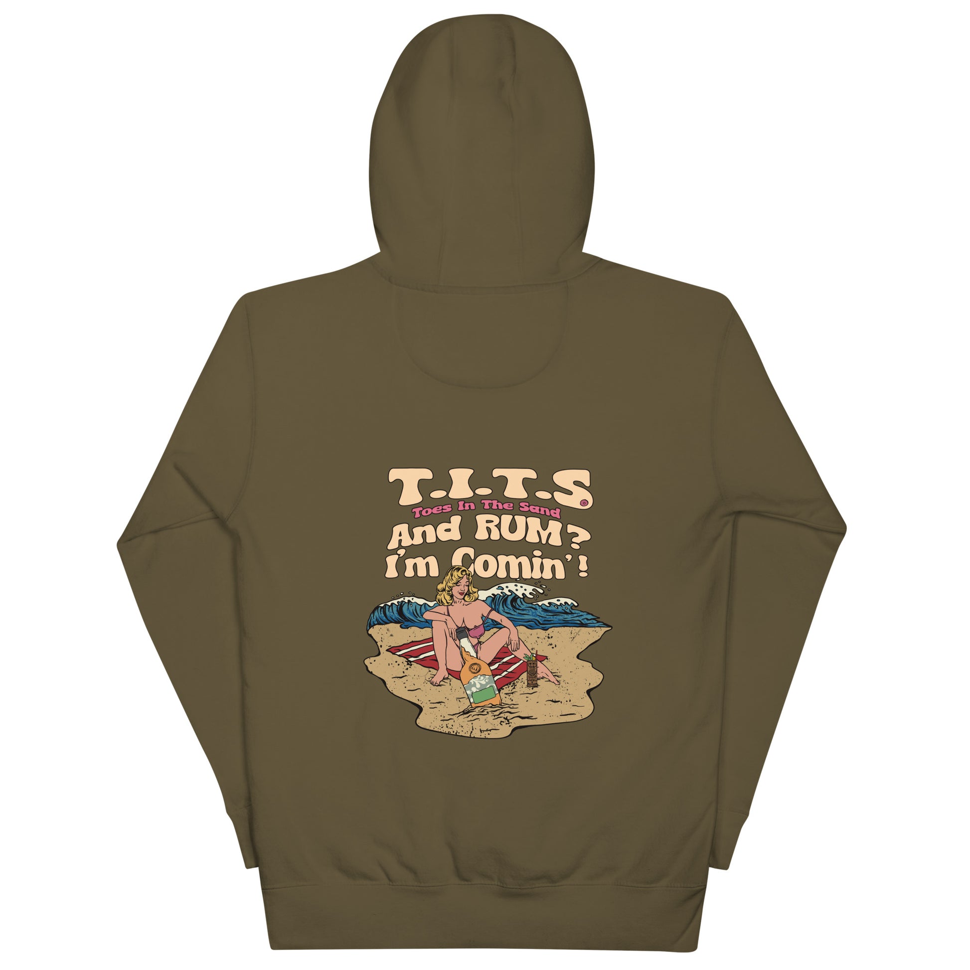 Beach hoodie, sundown style. T.I.T.S. and rum? I'm comin'! Heavy weight rum hoodie flair for when your beach day turns to night.  There's no such thing as an offensive hoodie at your favorite beach bar!  You should know that these hoodies can be a bit form fitting.  Fellas, if you'll be drinking all day at the beach, you may want to size up.  Ladies, you should be all set.