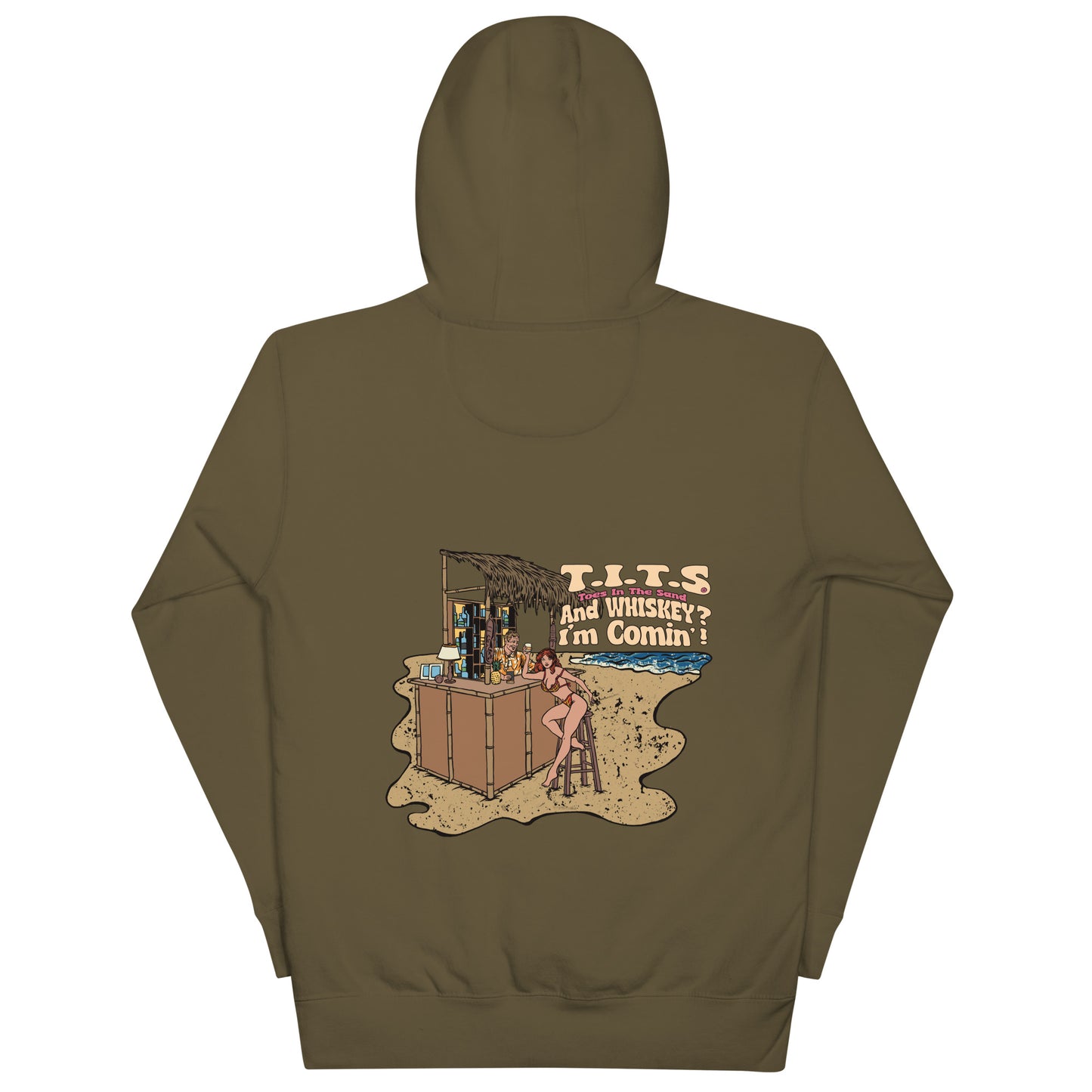 Beach hoodie, sundown style. T.I.T.S. and whiskey? I'm comin'! Heavy weight whiskey hoodie flair for when your beach day turns to night.  There's no such thing as an offensive hoodie at your favorite beach bar!  You should know that these hoodies can be a bit form fitting.  Fellas, if you'll be drinking all day at the beach, you may want to size up.  Ladies, you should be all set.