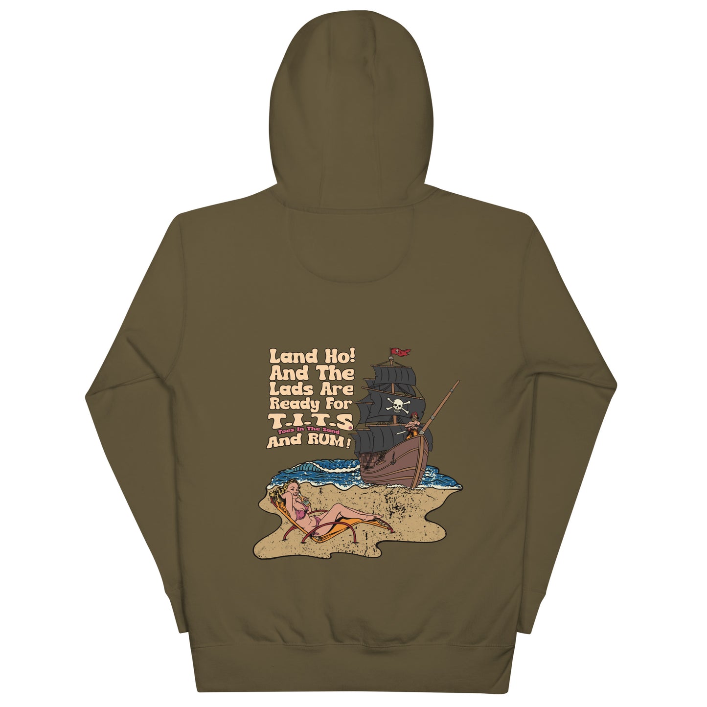 Beach Hoodie, sundown style. Land Ho! Heavy weight rum hoodie flair for when your beach day turns to night.  There's no such thing as an offensive hoodie at your favorite beach bar!  You should know that these hoodies can be a bit form fitting.  Fellas, if you'll be drinking all day at the beach, you may want to size up.  Ladies, you should be all set.