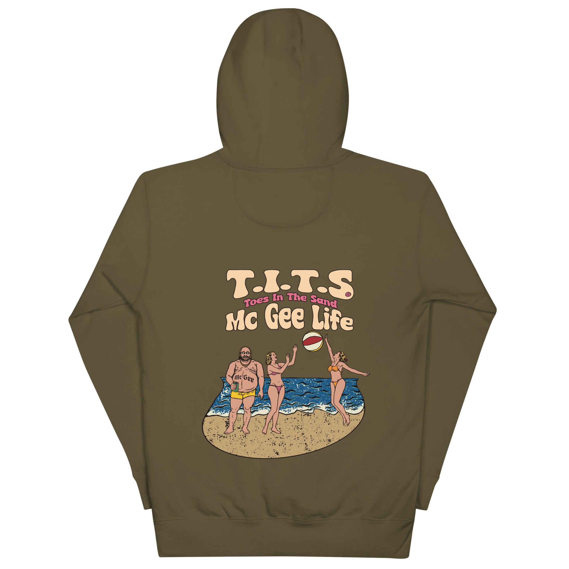 Beach Hoodie, sundown style. T.I.T.S. McGee life. Heavy weight drinking hoodie flair for when your beach day turns to night.  There's no such thing as an offensive hoodie at your favorite beach bar! You should know that these hoodies can be a bit form fitting.  Fellas, if you'll be drinking all day at the beach, you may want to size up.  Ladies, you should be all set.