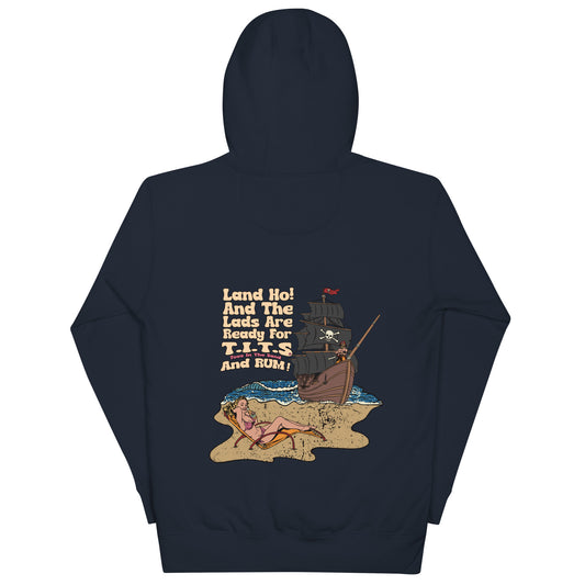 Beach Hoodie, sundown style. Land Ho! Heavy weight rum hoodie flair for when your beach day turns to night.  There's no such thing as an offensive hoodie at your favorite beach bar!  You should know that these hoodies can be a bit form fitting.  Fellas, if you'll be drinking all day at the beach, you may want to size up.  Ladies, you should be all set.