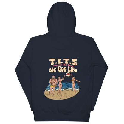 Beach Hoodie, sundown style. T.I.T.S. McGee life. Heavy weight drinking hoodie flair for when your beach day turns to night.  There's no such thing as an offensive hoodie at your favorite beach bar! You should know that these hoodies can be a bit form fitting.  Fellas, if you'll be drinking all day at the beach, you may want to size up.  Ladies, you should be all set.