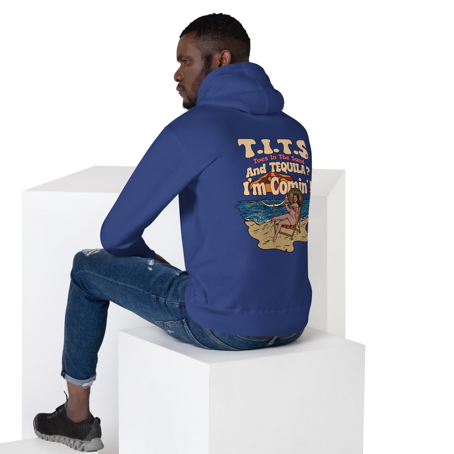 Beach hoodie, sundown style. T.I.T.S. and tequila? I'm comin'! Heavy weight tequila hoodie flair for when your beach day turns to night.  There's no such thing as an offensive hoodie at your favorite beach bar!  You should know that these hoodies can be a bit form fitting.  Fellas, if you'll be drinking all day at the beach, you may want to size up.  Ladies, you should be all set.