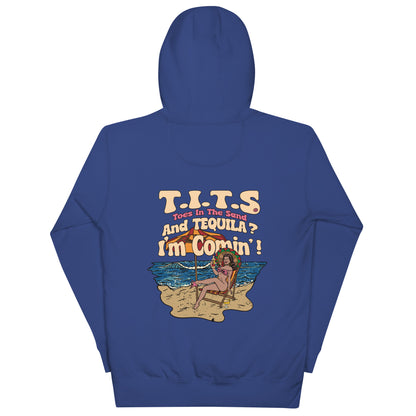 Beach hoodie, sundown style. T.I.T.S. and tequila? I'm comin'! Heavy weight tequila hoodie flair for when your beach day turns to night.  There's no such thing as an offensive hoodie at your favorite beach bar!  You should know that these hoodies can be a bit form fitting.  Fellas, if you'll be drinking all day at the beach, you may want to size up.  Ladies, you should be all set.